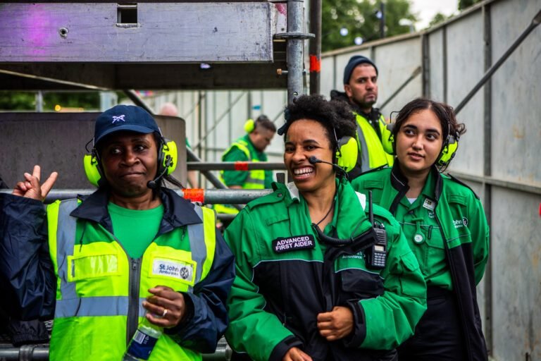St John Ambulance volunteers smiling backstage at Solihull Summerfest