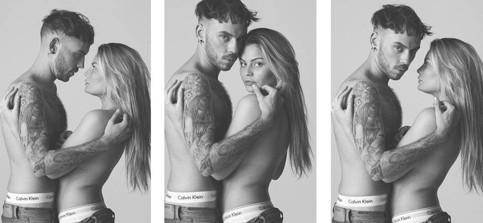 Black and white triptych studio portrait of a couple embracing