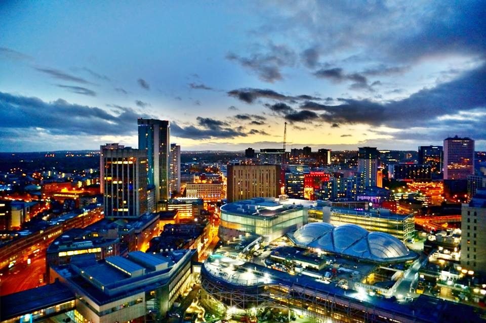 Aerial view of the Birmingham skyline and Bullring at sunset