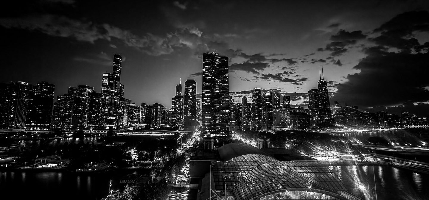 Black and white panorama of the Chicago skyline from Navy Pier