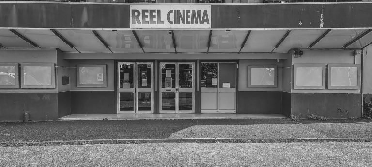 Black and white photograph of the closed Reel Cinema in Quinton, Birmingham lockdown 2020