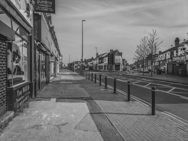Black and white photograph of an empty Bearwood High Street, Birmingham lockdown 2020