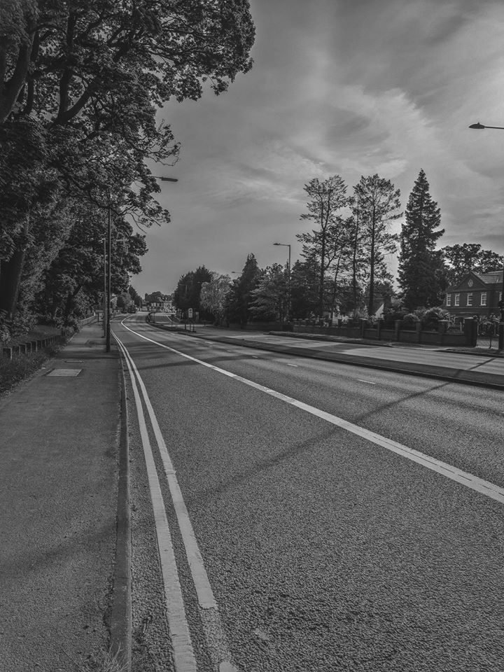 Black and white photograph of an empty tree-lined road curving away, Birmingham lockdown 2020